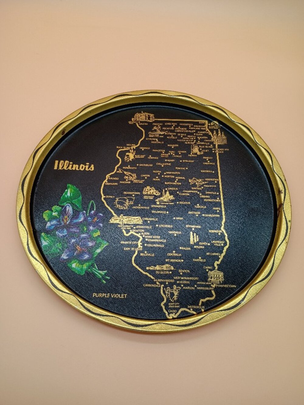 Vintage State of Illinois 11" Round Souvenir Metal Tray Black W/Gold Trim MCM
